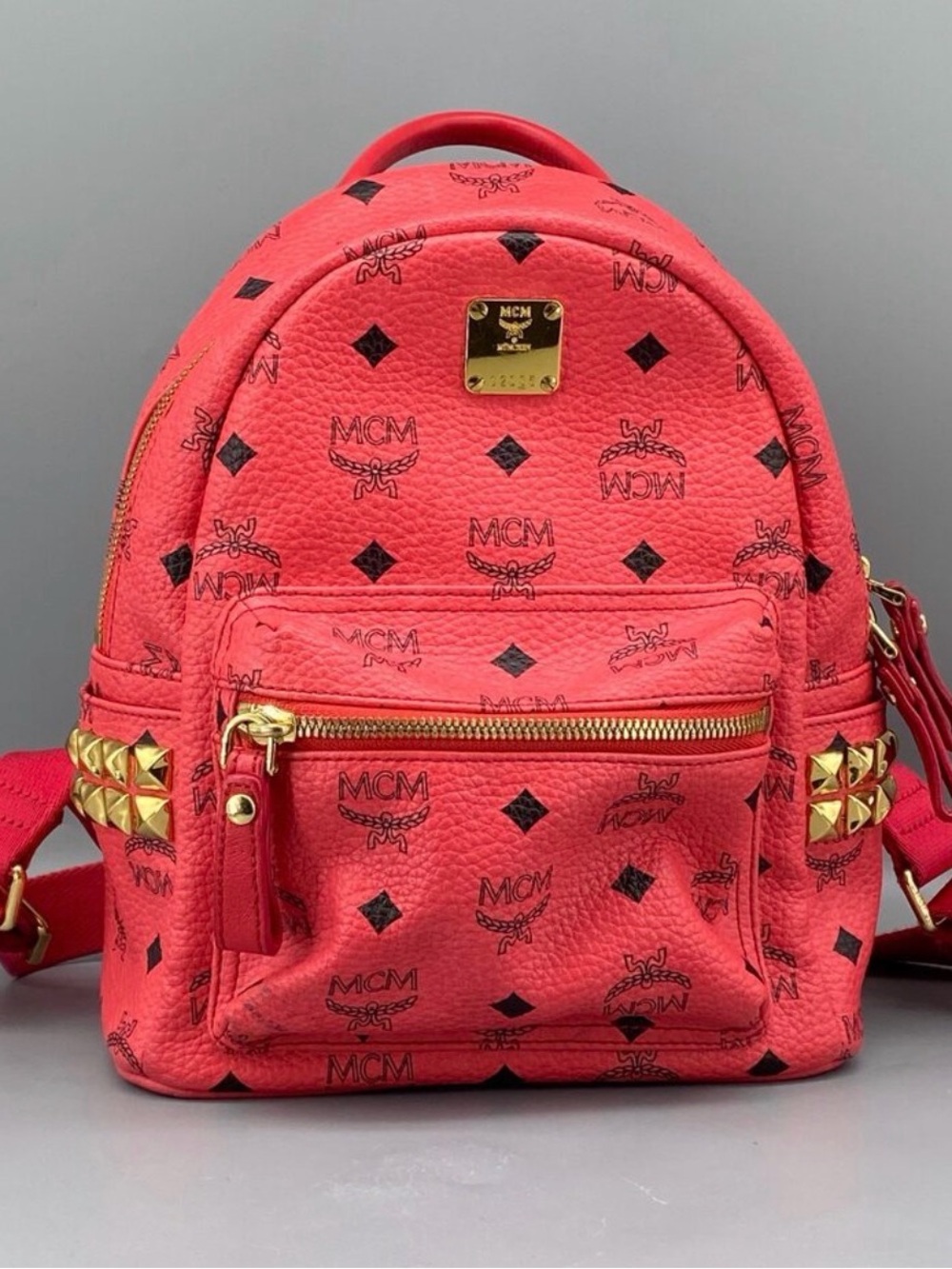 MCM Coral Red Visetos Mini Backpack
